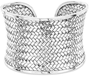 925 Sterling Silver Bracelet Adjustable Cuff Wide Weave Pattern Silver Bracelet