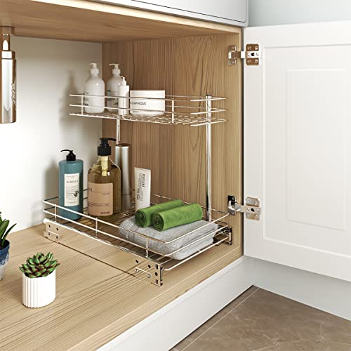 FANHAO Pull Out Organizer, 2 Tier Wire Basket Under Sink Slide