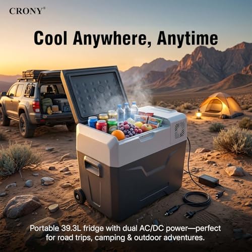 CRONY Portable Car Refrigerator 40L DC/AC Car Fridge 12/24V Mini Fridge App-Controlled -20°C to 20°C Fast Cooling Car Cooler LED Control Panel with Trolley Wheels & Battery Protection
