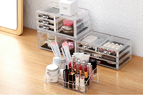 Sooyee Stackable Clear Makeup Organizer, 4 Pieces Acrylic Jewelry and Cosmetic Storage Display Boxes with 10 Drawers 8 Tier