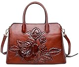 PIJUSHI Women Top Handle Handbag Satchel Floral Purses Genuine Leather Shoulder Bag 22618(One Size, New Brown)