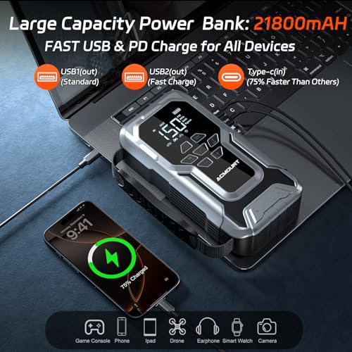 Acmount 7000A Jump Starter with Air Compressor, Car Battery Jump Starter (All Gas/10.0L Diesel), 150PSI Tire Inflator, 12V Jumper Pack with LED Display & Jumper Cables, Portable Air Pump