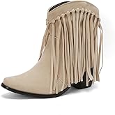 Seborluys Fringe Ankle Cowboy Boots for Women Pull on Fringe Short Cowgirl Booties Western Fringed Tassel Ankle Boots