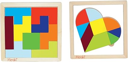 Meraki Wooden Tetris Tangram Puzzle with Wooden Tray, Puzzles with Solution, Non-Toxic Child Safe Colors