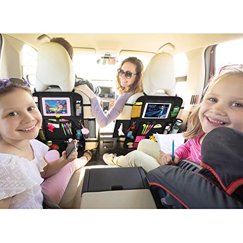 Car Backseat Organizer-2 Pack Universal Car Seat Back Protectors Kick Mats with 12 Storage Pockets, Car seat Organizer for Kids Baby Toy Tissue Bottle Vehicle Travel Accessories + 2 Car Headrest Hook - Thumbnail 5