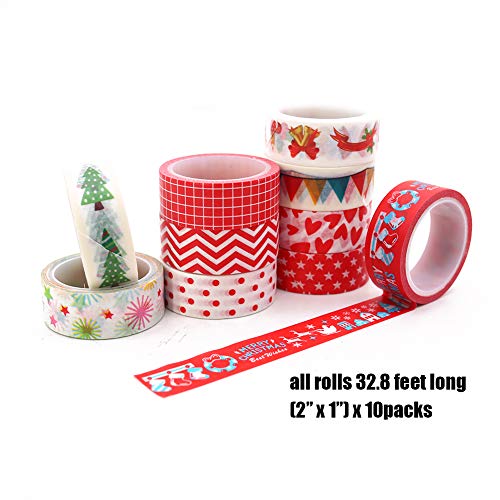 Christmas Washi Tape Set, 10Rolls Merry Christmas Masking Tape Decorative for Xmas Decor Holiday Christmas Party Favors Craft Supplies, 0.6\