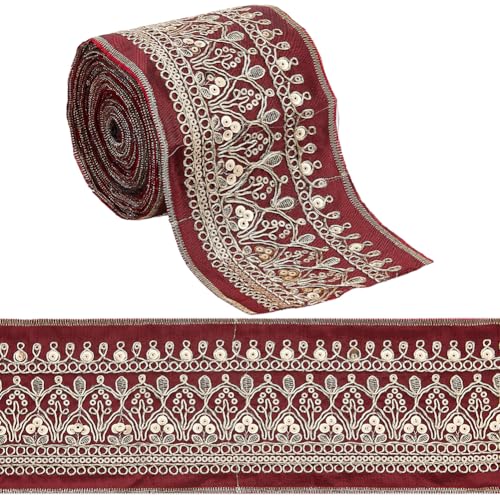 CABODYALS 87MM Wide Dark Red Gold Jacquard Ribbon Metallic Sequin Bead Embroidered Woven Trim Tape Boho Embroidery Fabric Applique Ribbons for Sewing Making Crafts Cloth Costumes Dress Christmas