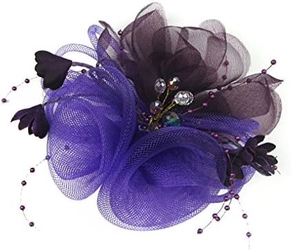 Fen Fun Net Chiffon Crystal Beads Fascinator Headwear Flower Corsage Hair Clip Pin Brooch For Women Wedding Party (Deep Purple)