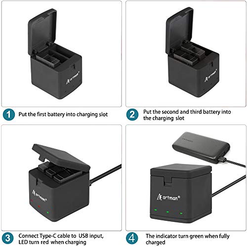 Artman Hero 8 Battery 1500mAh(3xPack) and 3Channel LED USB Storage Charger for Gopro Hero 8