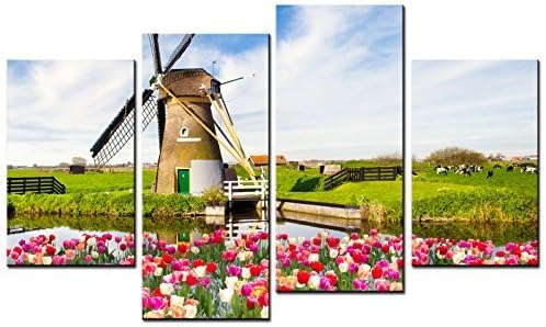 Canval prit painting Flower Wall Art Yellow Orange Tulips Flowers in Pasture 4 Pieces Picture on Canvas