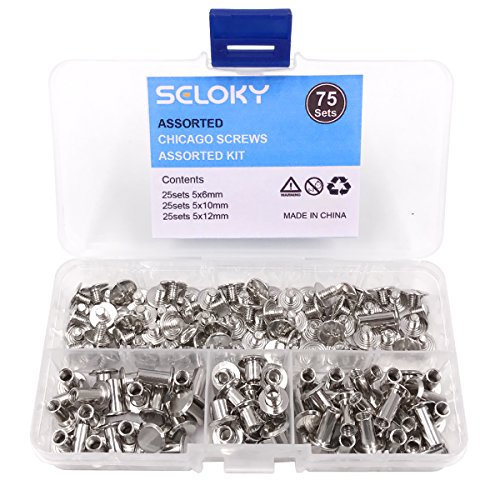 Seloky 75 Sets Silvery Chicago Screws Assorted Kit 1/4 3/8 1/2 Inches Screw Posts Metal Accessories Nail Rivet Chicago Button For DIY Leather Decoration Bookbinding Round Flat Head Stud Screw