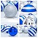 ITART 70ct Christmas Tree Ball Ornaments Decorations Shatterproof Balls and Finial Drops Assortment for Xmas Trees, Wedding, Themed Parties Decoration (Blue, Silver and White)