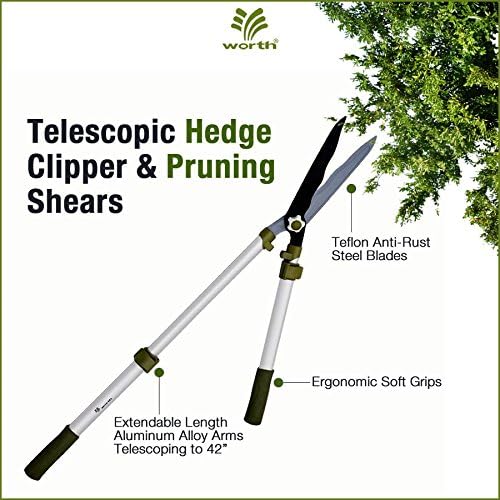 Worth Garden Telescopic Hedge Shear, Extendable Long Reach Clipper, Long Arm Pruning Shears w/ Antirust Teflon Blade, Adjustable Knobs, Buffer Cushion, Aluminium Alloy Tube 'N Ergonomic TPR Grip