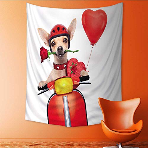 Auraisehome Wall Hanging Tapestries Valentines Chihuahua Dog with Rose in Mouth Driving a Motorbike Vespa Roller Large tablecloths 60W x 80L INCH