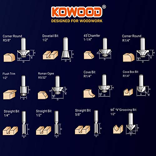KOWOOD Router Bits Set of 12 Pieces 1/2 Inch Woodwork Tools for ...
