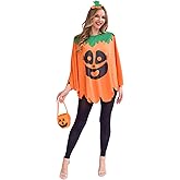Seasons 3Pcs Pumpkin Costume for Women, Halloween Poncho with Headband and Pumpkin Bag, Glow in the Dark
