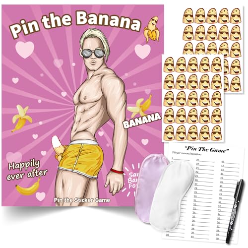 Bridal Shower Bachelorette Party Game - Pin The Banana On The Hunk Sticker Game For Up To 56 Guests