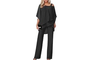 Elegant Layered Chiffon Top & Wide-Leg Pants Set, Women's 2 Piece Outfits, Cold Shoulder Batwing Sleeve Party Suits