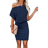 EZBELLE Women's Off The Shoulder Short Sleeve Ribbed Casual Summer Hips-Wrapped Bodycon Party Mini Batwing Dress