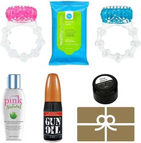 Honeymoon Box by Marriage Supply includes Vibrating Rings, Gun Oil Lubricant, Pink Natural Lubricant, healthy hoohoo Femenine Cleanser, Massage Candle and $10 gift card. Sex things for couples