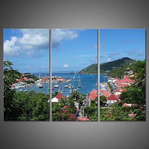 Gustavia Harbor Landscape Picture St. Barths French West Indies Caribbean Seaside Print On Canvas Giclee HD Wall Art Painting Home Decor Coast Summer Town Houses Hills Blue Sky Artwork by uLinked Art