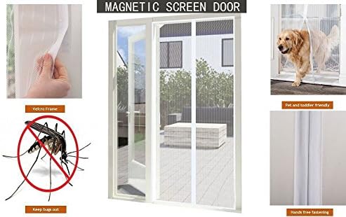 Magic Mesh Hands-Free Screen Door Curtain With Magnetic Stripe,Full Frame Velcro ,Fits Door Up To 36"x87" White