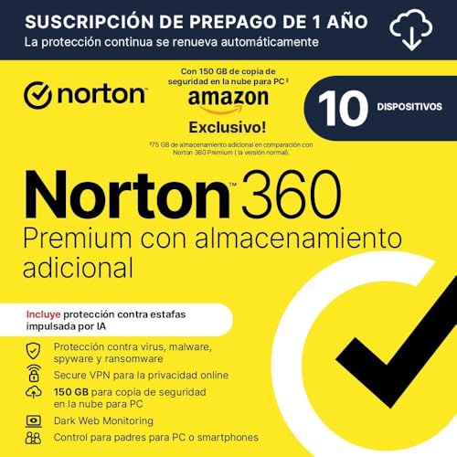 Norton 360 Premium Exclusivo Amazon*|Antivirus 10 Dispositivos|1 año con renovación automática| Descarga digital