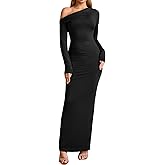 XinFSh Women's Long Sleeve Bodycon Maxi Dress One Shoulder Ruched Fall Formal Wedding Guest Cocktail Dress 2025