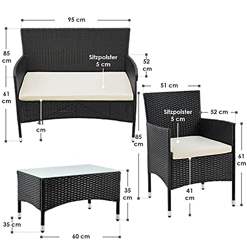 Juskys Polyrattan Sitzgruppe Fort Myers 4 Personen mit 2er Sofa, 2 Stühle, Tisch & Sitzkissen wetterfest schwarz/Creme Balkonmöbel Gartenmöbel Set – Bild 3