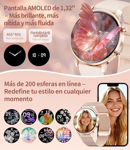 Women's Smart Watch, 1.32 Inch AMOLED Smart Watch with Bluetooth Calls, 120+ Sports Smartwatch Women with 2 Straps, IP68 Waterproof, Sleep, Activity Calorie Pedometer Android iOS (Gold)
