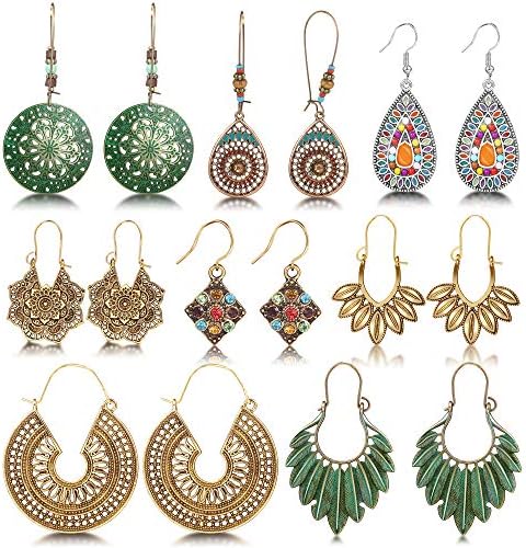 8 Pairs Christmas Boho Jewelry Earrings Set Retro Statement Leaf Water Drop Dangle Earrings