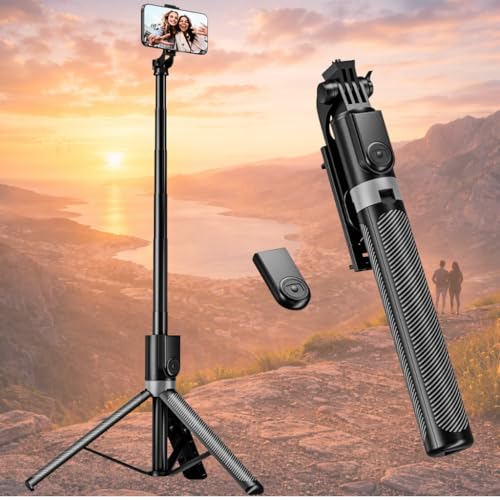 Tripé para Celular 1,70m com Altura Ajustável, Bastão de Selfie 3 em 1 com Controle Bluetooth, Rotação 360°, Portátil para Vídeos, Fotos e Lives, iPhone e Android