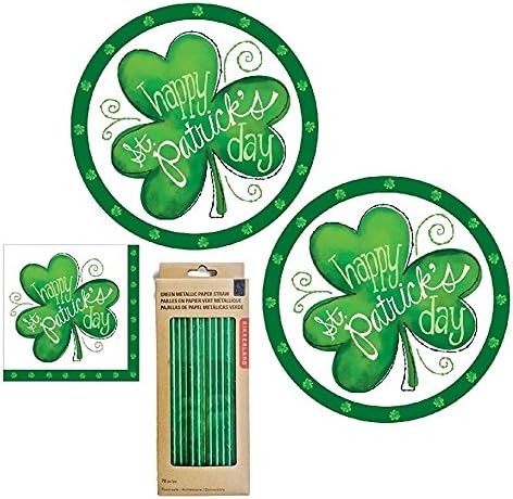Happy St. Patrick's Day Party Pack Bundle - 4 Items - Includes 16 Paper Plates (2 Sets of 8), 20 Napkins, and 72 Green Metallic Paper Straws Serves16