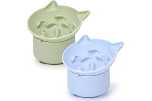 Funnymoom 2 Pack Silicone Cat Slow Feeder, Elevated Slow Feeder Cat Bowl for Dry and Wet Food, Tilted Design with Non Slip Base, Adjustable Angle for Pet(Green and Blue)