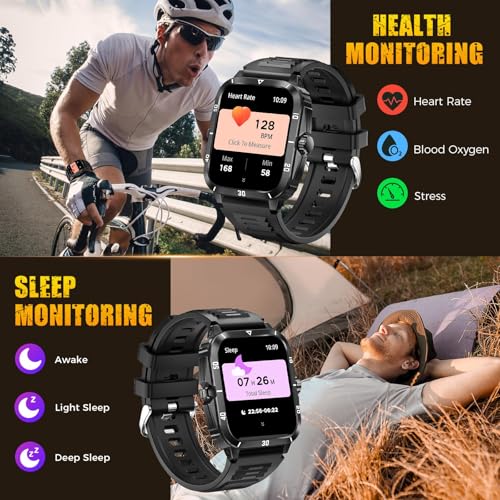 LBOYLOVE® Military Smart Watch for Men, Outdoor Waterproof Smart Watch, 1.96'' Big Screen, Answer Call, Fitness Track, Blood Oxygen, Heart Rate and Sleep Monitor, for iPhone and Android Phones
