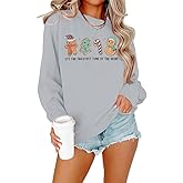 FRYAID Christmas Shirt Women Funny Gingerbread Graphic Sweatshirts Merry Christmas Long Sleeve shirts Casual Pullover Tops