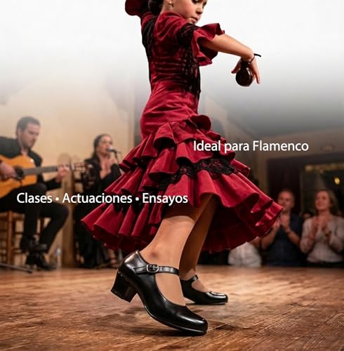Flamenco Shoes for Girls Dance Dance Sevillanas with Adjustable Strap Heel, Non-Slip Sole