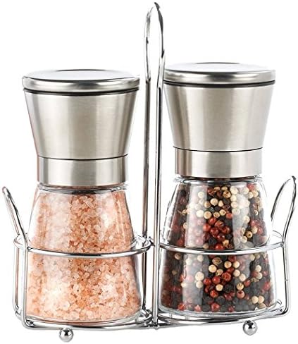 Premium Brushed Stainless Steel Salt and Pepper Grinder Set of 2, XIYIXIFI Salt and Pepper Shakers with Stand, Salt Grinder with Adjustable Coarseness, 6 Oz Glass Short Body, Salt and Pepper Mills Set