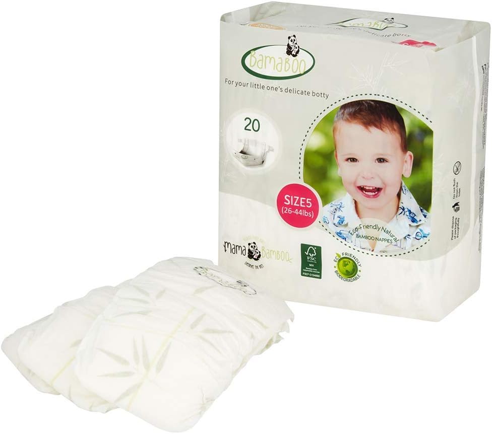 Mama Bamboo Soft, Breathable, Sustainable Bamboo Nappies (Size 5) - Multipack 96 Nappies, White, Size 5 (96 nappies)