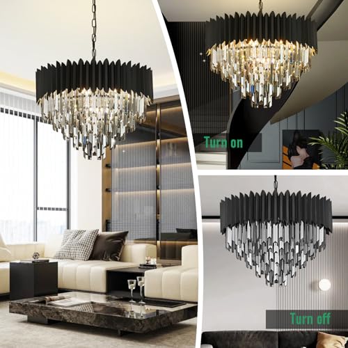 PAFRUMGE - Lámpara de araña de vidrio grande de 8 luces de 24 pulgadas, montaje empotrado de 5 niveles, color gris ahumado y negro, lámpara colgante redonda para comedor, sala de estar, entrada y