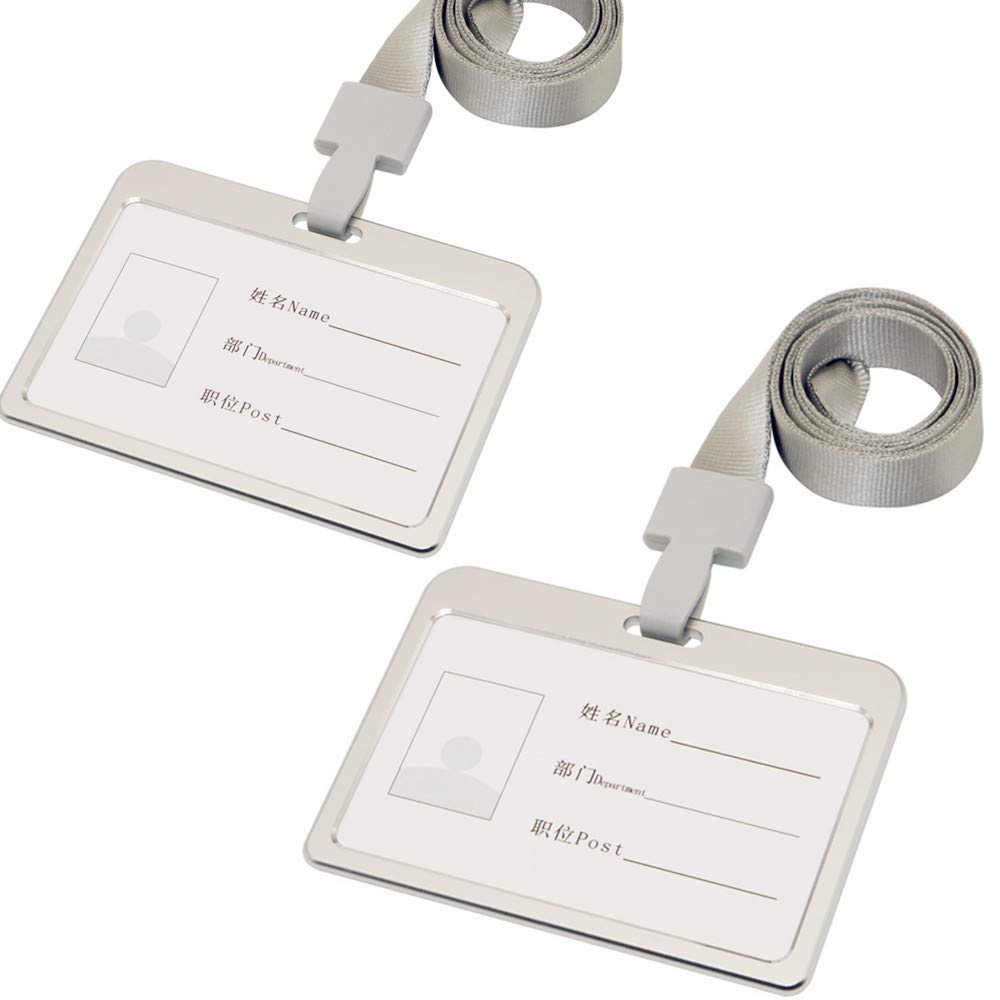 2 Packs Badge Holder Aluminum Alloy with Neck Lanyard for Office Worker ID Badge Holder (Horizontal)