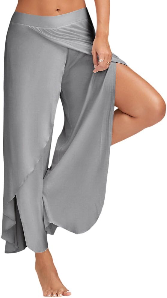ZEZCLO Women High Slit Flowy Layered Crooped Casual Palazzo Pants