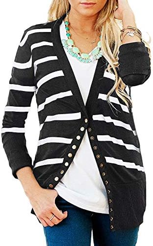 Women's Button Down Knitwear Casual Long Sleeve V-Neck Open Front Striped Cardigan Sweater