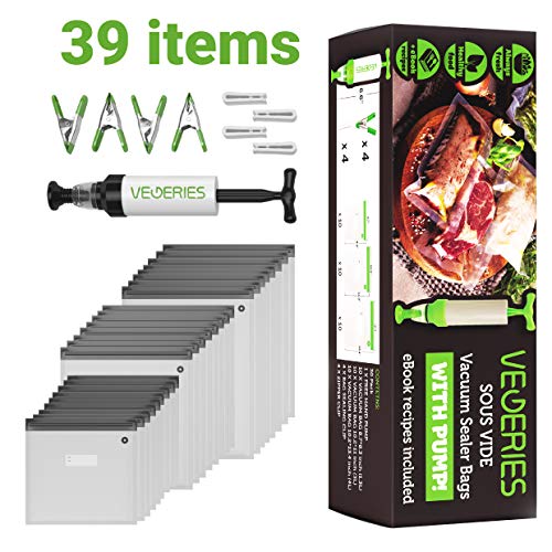 Sous Vide Bags 30 Reusable Vacuum Food Storage Bags for Anova and Joule Cookers - 3 sizes Sous Vide Bag Kit with Pump - 4 Sealing Clips - 4 Sous Vide Bag Clips for Food Storage and Sous Vide Cooking