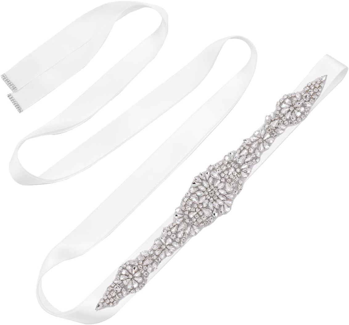 Yanstar Silver Crystal Rhinestone Wedding Bridal Belt Sash With White Ribbon For Bridesmaid Womens Evening Party Prom Dress