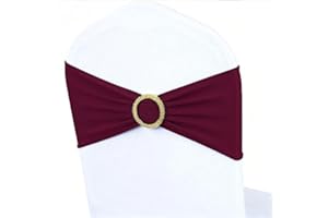 MAGTOWNE Burgundy Chair Sashes 50 Pack with Gold Buckle Slider, Spandex Wine Red Chair Bands Bows for Folding Chairs Wedding Party Banquet Décor