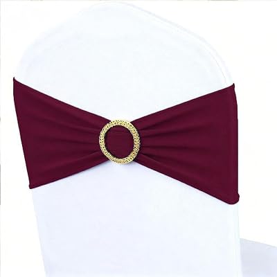 MAGTOWNE Burgundy Chair Sashes 50 Pack with Gold Buckle Slider, Spandex Wine Red Chair Bands Bows for Folding Chairs Wedding Party Banquet Décor