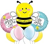 Custom, Fun & Cool 9 Pack of Helium & Air Inflatable Mylar/Latex Balloons w/ What Will It Bee Baby Girl Baby Boy Bumble Bee Design [Variety Assorted Multicolor in Pink Blue Yellow Black Gray & White]