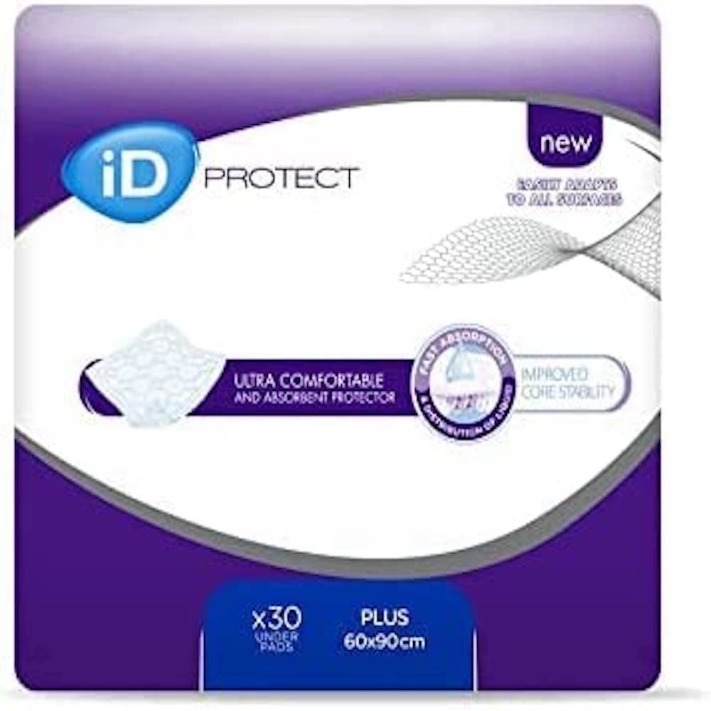 ID Discreet Protect Plus Incontinence Bed Protector, Fast Absorption Disposable Absorbent Sheets, Ultra Comfort, Size 60 cm x 90 cm, Pack of 30