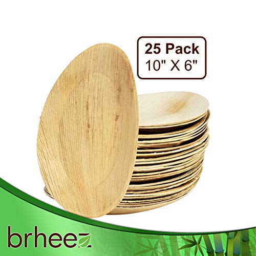 Brheez Palm Leaf Disposable Bamboo Like Oval 10 x 6 Inch Natural Elegant Sturdy Plate/Serving Platter Biodegradable, Compostable Chemical Free, Natural Alternative to Plastic and Paper - Pack of 25